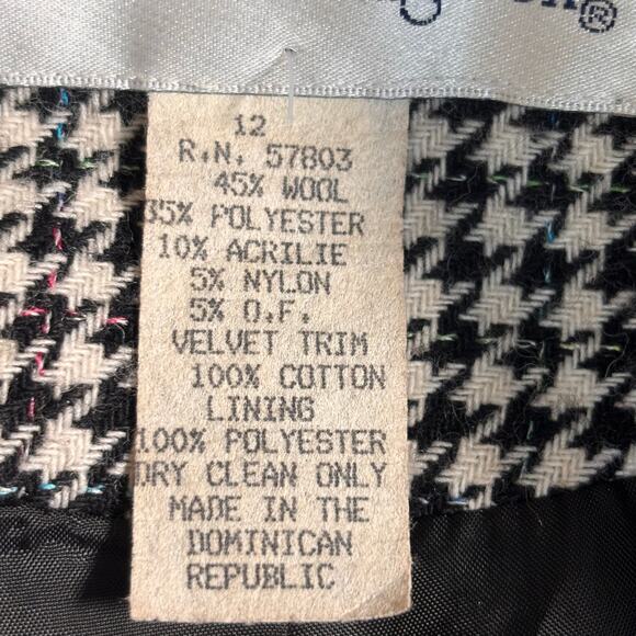 Vintage 90s Tailored Black White Houndstooth Blazer Jacket Velvet Collar Wool - Picture 9 of 11